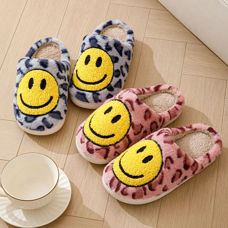 Smiley Face Slippers - Leopard Fluffy Slides for Home