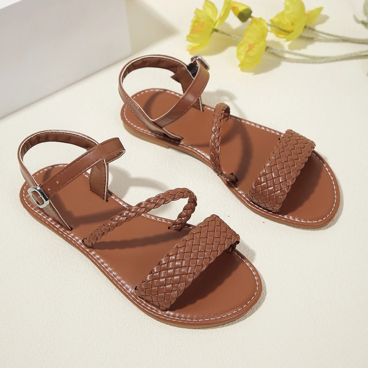 Brown Sandals - Flat Braided Design Comfortable Shoes