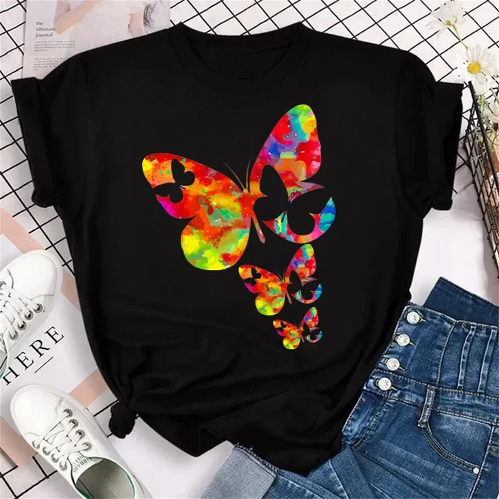 Colorful Butterfly Petal Print Short Sleeve Cute Graphic Tee Shirts
