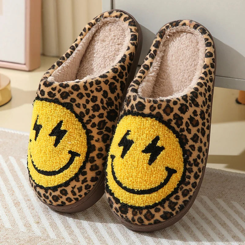 Smiley Face Slippers - Leopard Print Home Plush Slides