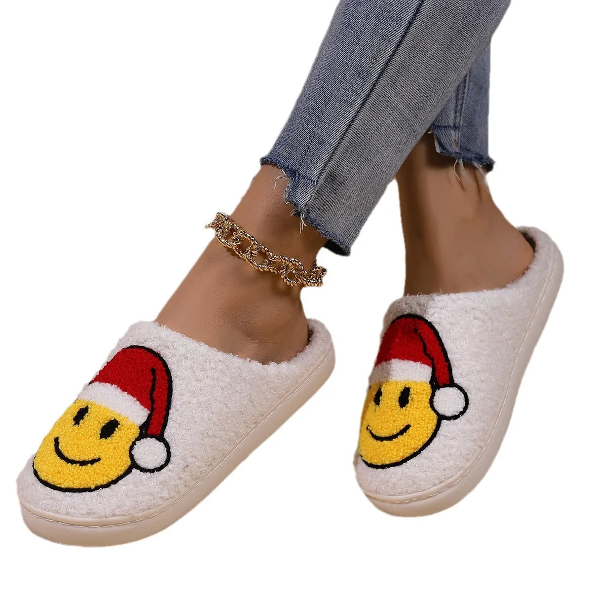 Smiling Face Christmas Hat Tree Cotton Slippers
