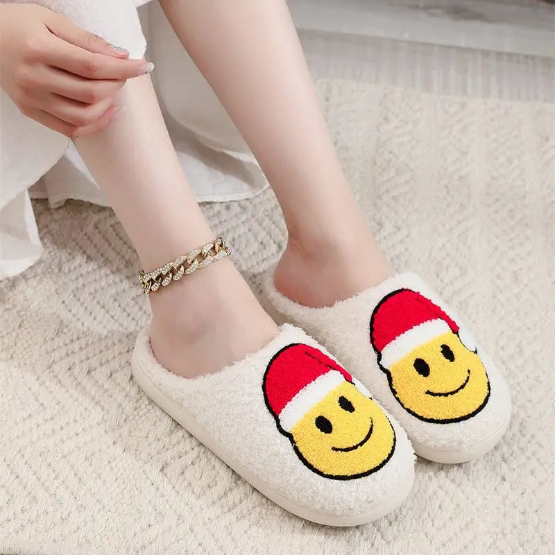 Smiling Face Christmas Hat Tree Cotton Slippers