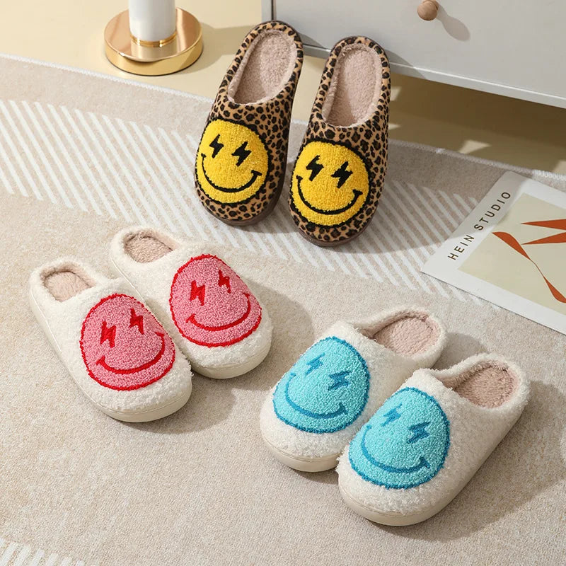 Smiley Face Slippers - Leopard Print Home Plush Slides