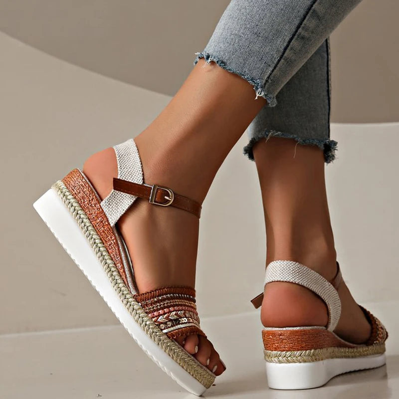 Brown Sandals - Vintage Fringe Platform Sandals for Women