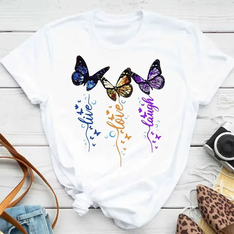 Women's Colorful Butterfly Petal Print T-Shirt, Short Sleeve