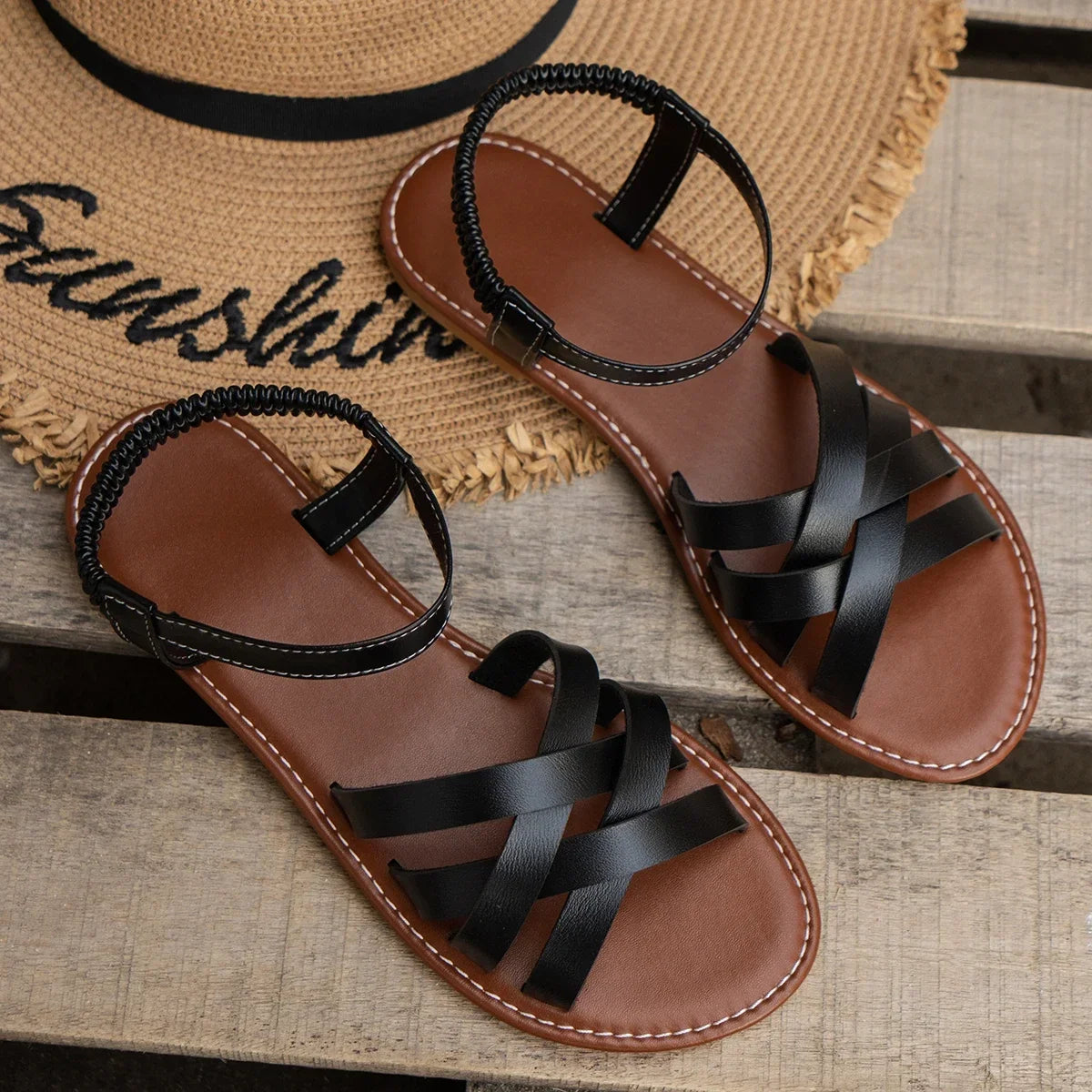 Brown Sandals - Lightweight Flat Easy-Fit
