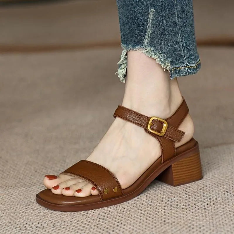 Brown Sandals - Summer Leather Thick Heel Vintage Shoes