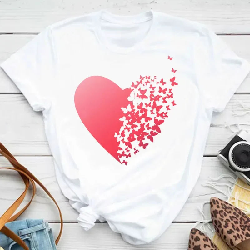Women's Colorful Butterfly Petal Print T-Shirt, Short Sleeve