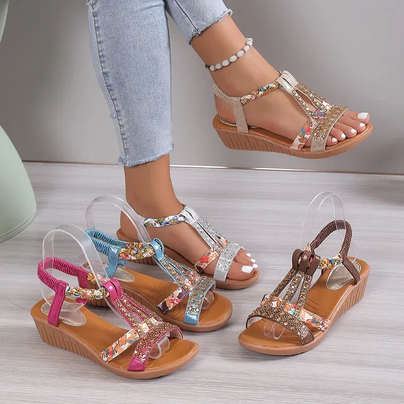 Brown Sandals - Wedge Sandals Summer Bohemia Rhinestones