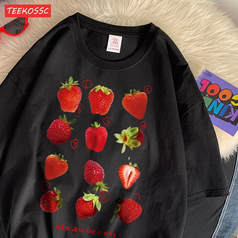 100% Cotton Women T-shirt Cute Fresh Strawberries Printed Tee Shirt