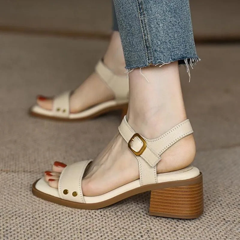 Brown Sandals - Summer Leather Thick Heel Vintage Shoes