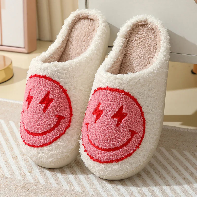 Smiley Face Slippers - Leopard Print Home Plush Slides