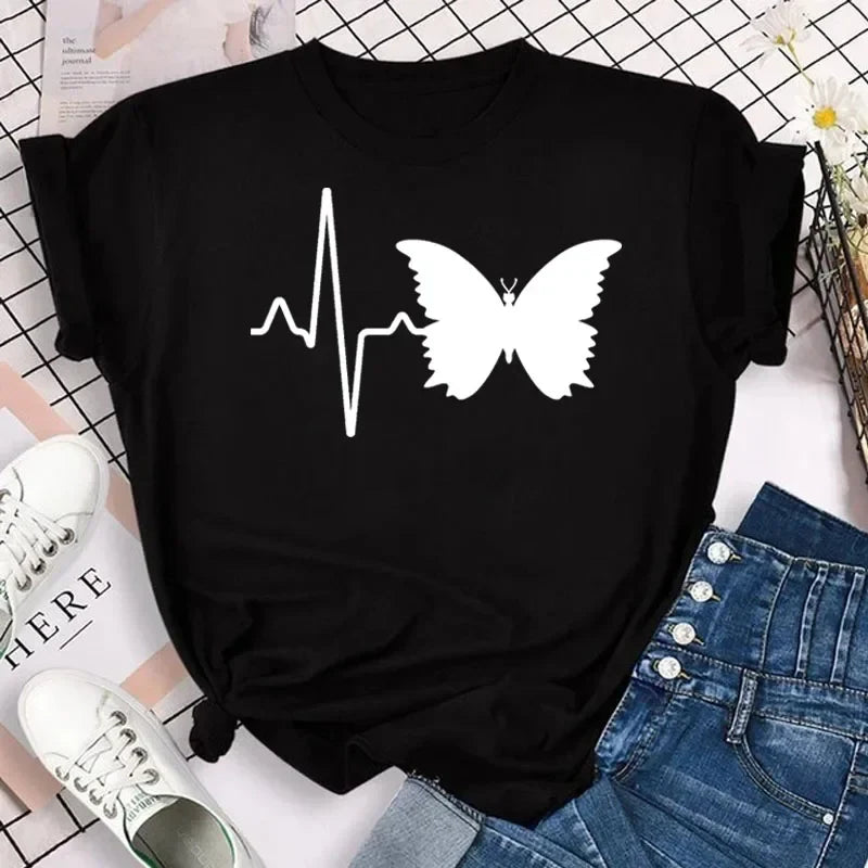 Women's Colorful Butterfly Petal Print T-Shirt, Short Sleeve