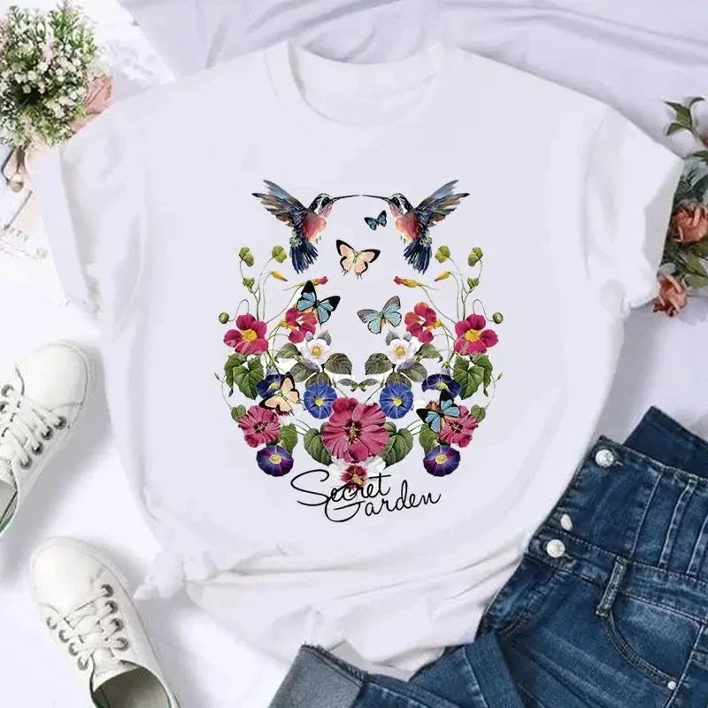 Butterfly Bow Sweet Flower Fashion Summer Women Print T Shirt