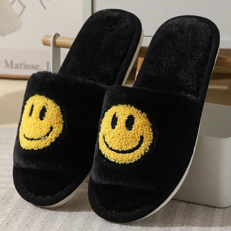 Happy Face Slippers - Fuzzy Smiling Cute Home Shoes