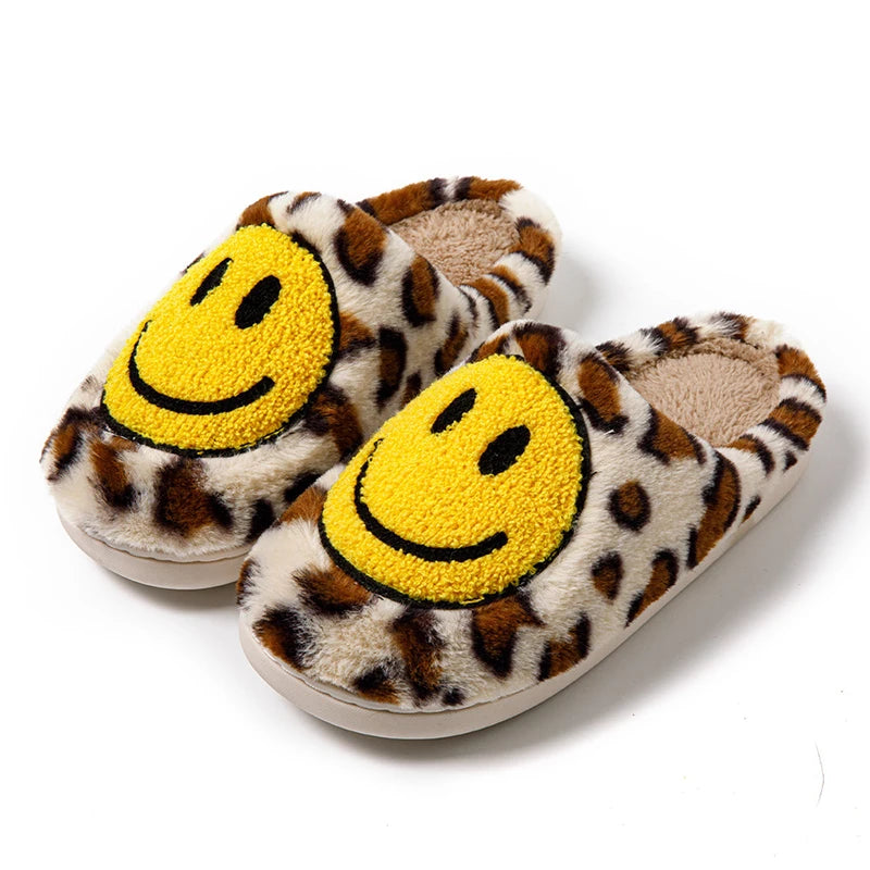 Smiley Face Slippers - Leopard Fluffy Slides for Home