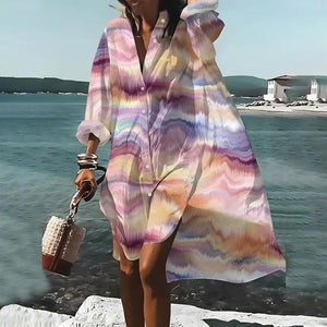 Plus Size Women's Long Sleeve Shirts Dress New Leaf 3d Printed Shirt Dress Elegant Leisure Lapel Collar Shirts Summer Vestidos - Chicmei