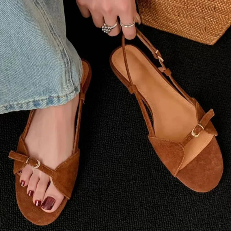 Brown Sandals - Open Toe Hollow Belt Buckle Flats