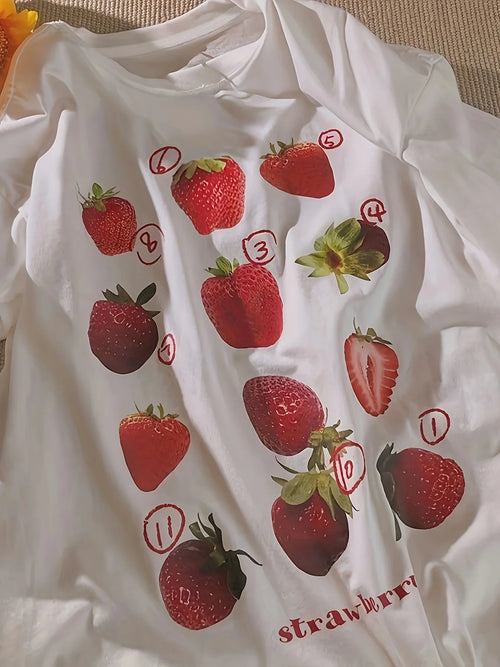 100% Cotton Women T-shirt Cute Fresh Strawberries Printed Tee Shirt
