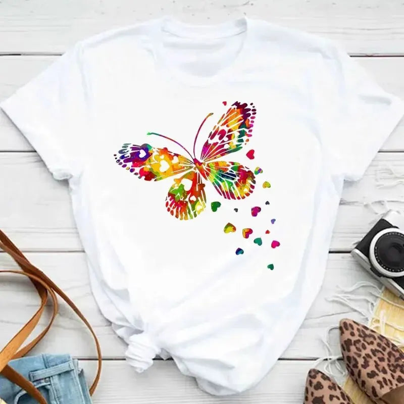 Colorful Butterfly Petal Print Short Sleeve Cute Graphic Tee Shirts