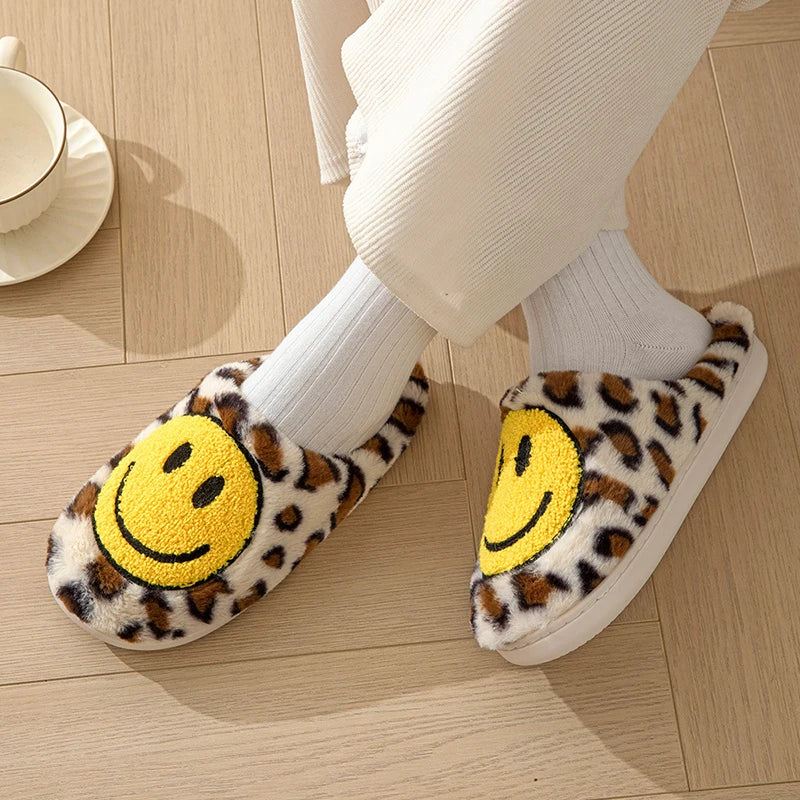 Smiley Face Slippers - Leopard Fluffy Slides for Home