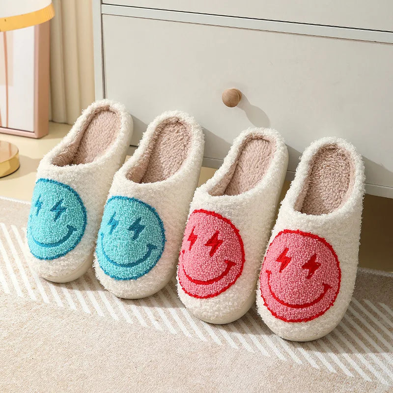 Smiley Face Slippers - Leopard Print Home Plush Slides