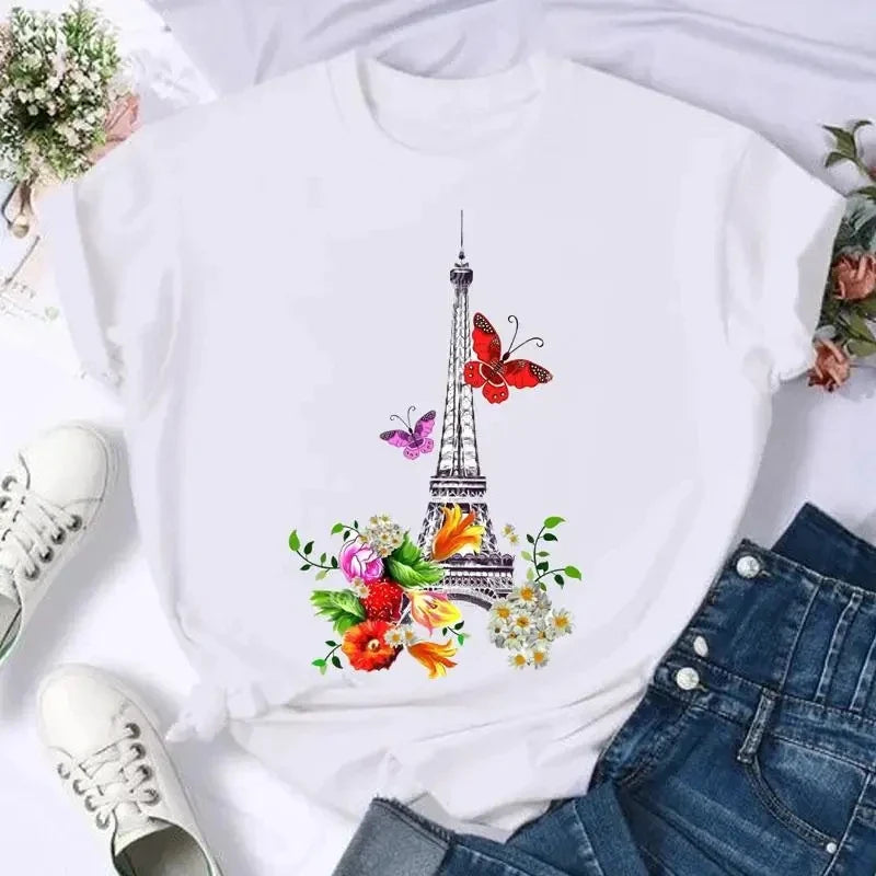 Butterfly Bow Sweet Flower Fashion Summer Women Print T Shirt