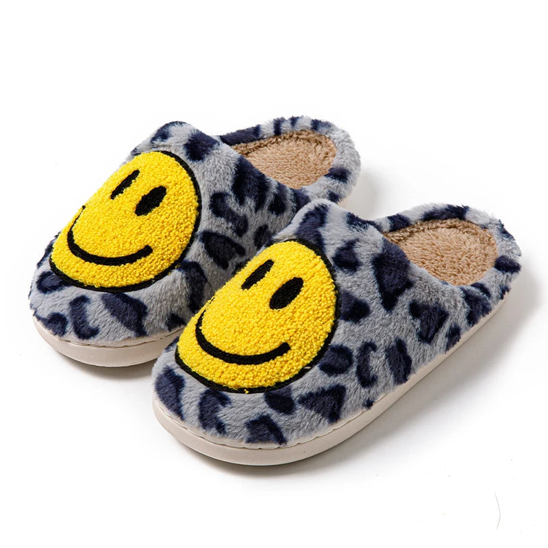 Smiley Face Slippers - Leopard Fluffy Slides for Home