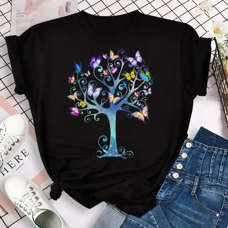 Women's Colorful Butterfly Petal Print T-Shirt, Short Sleeve