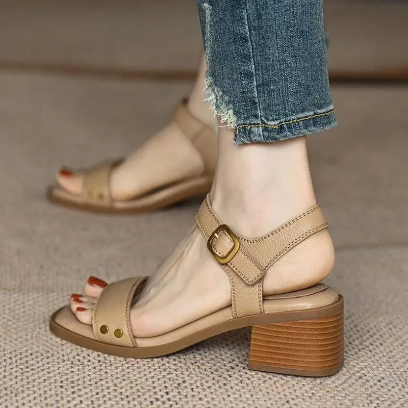 Brown Sandals - Summer Leather Thick Heel Vintage Shoes