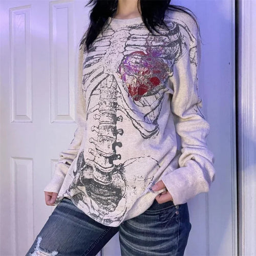 2000s Y2k Women Tops Harajuku Retro Gothic Skeleton Graphic Printed T shirt Hip Hop Tee shirt Aesthetic Long Sleeved Streetwear