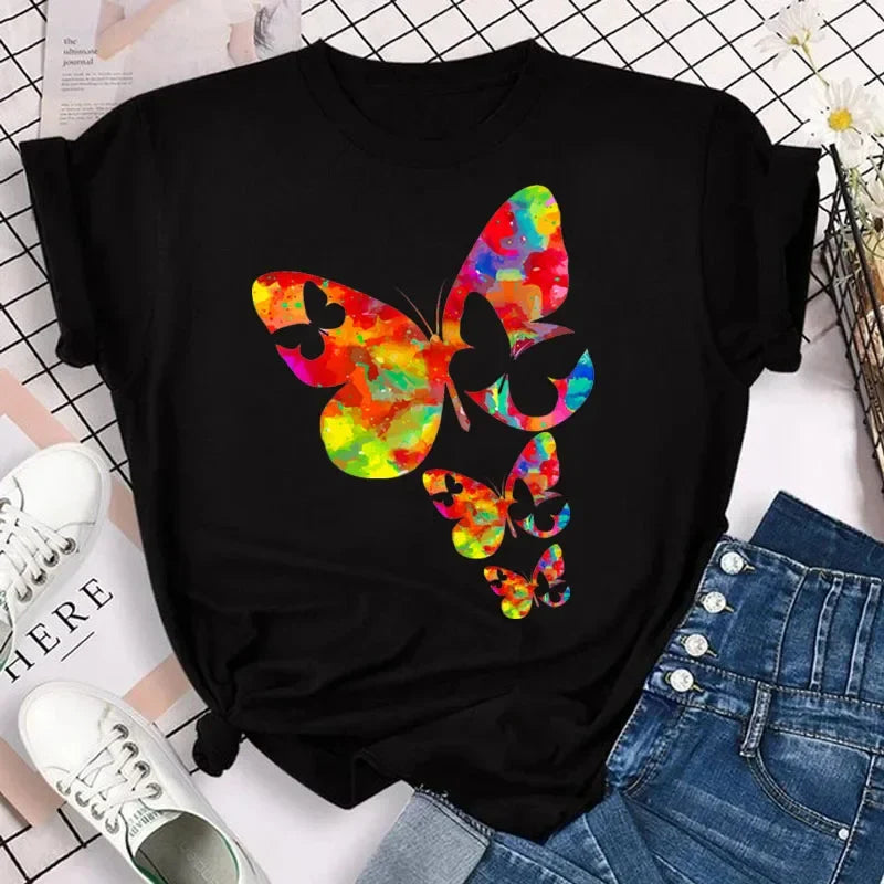 Women's Colorful Butterfly Petal Print T-Shirt, Short Sleeve