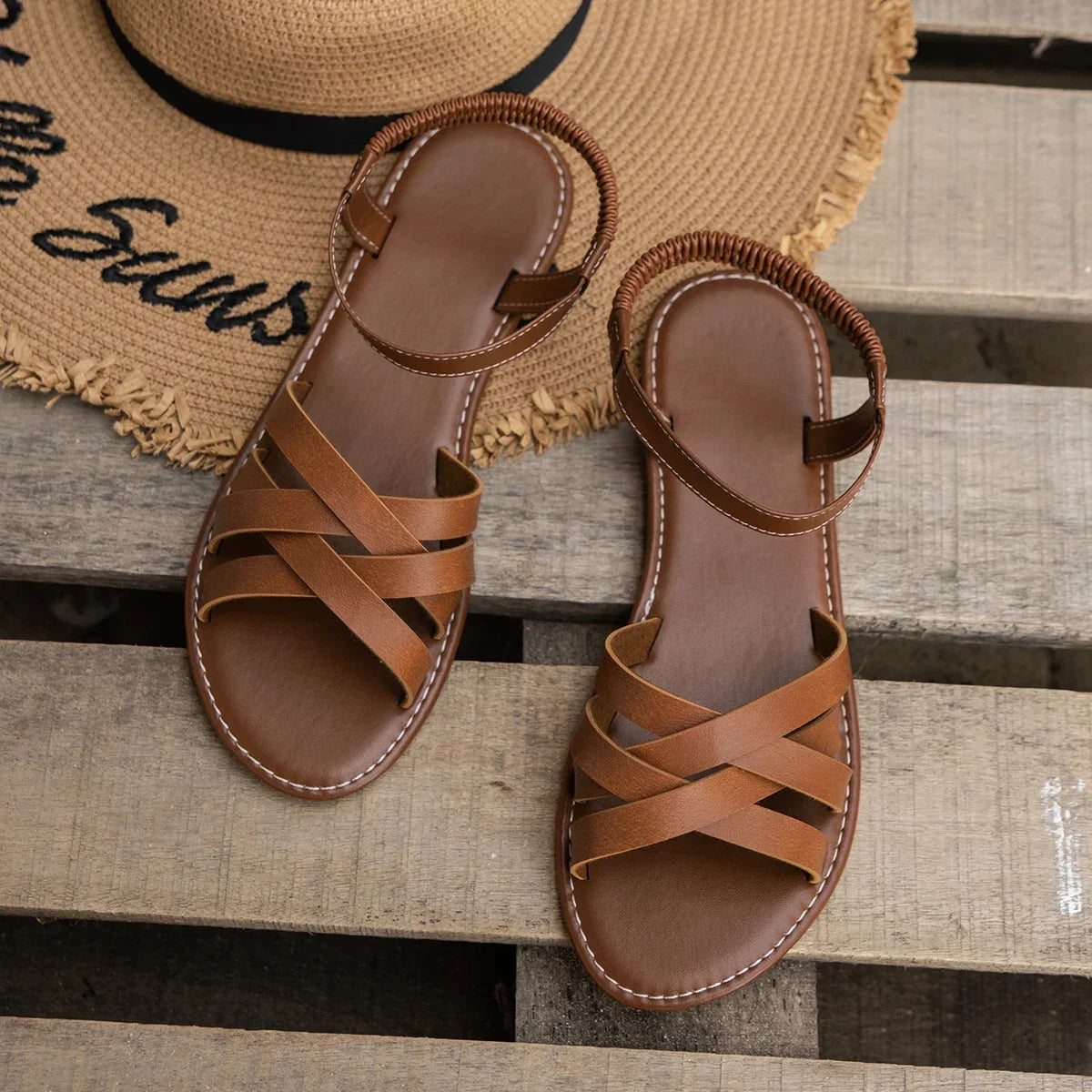 Brown Sandals - Lightweight Flat Easy-Fit