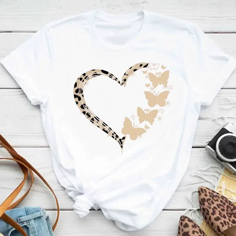 Women's Colorful Butterfly Petal Print T-Shirt, Short Sleeve