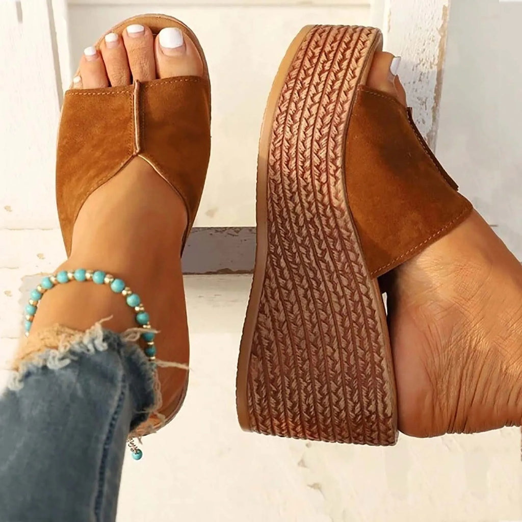 Brown Sandals - Thick Heels Vacation Wedge Heels Shoes