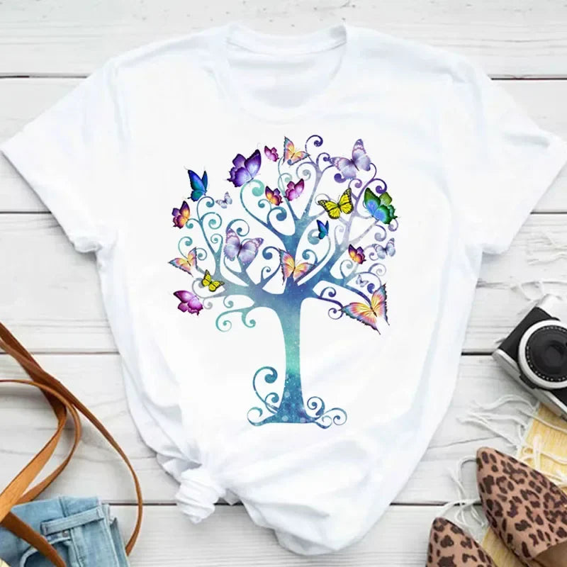 Women's Colorful Butterfly Petal Print T-Shirt, Short Sleeve
