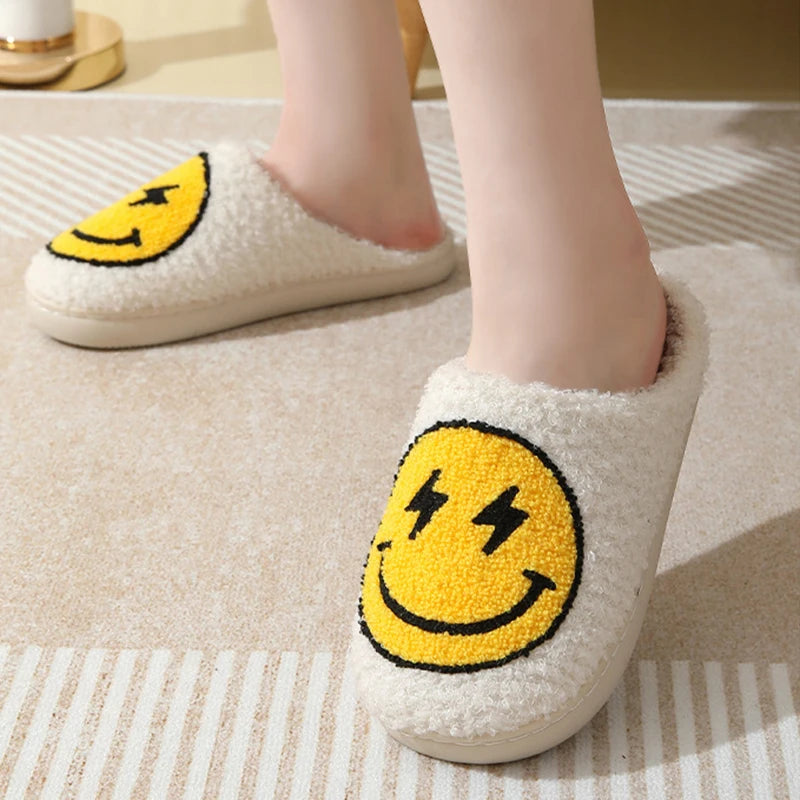 Smiley Face Slippers - Leopard Print Home Plush Slides