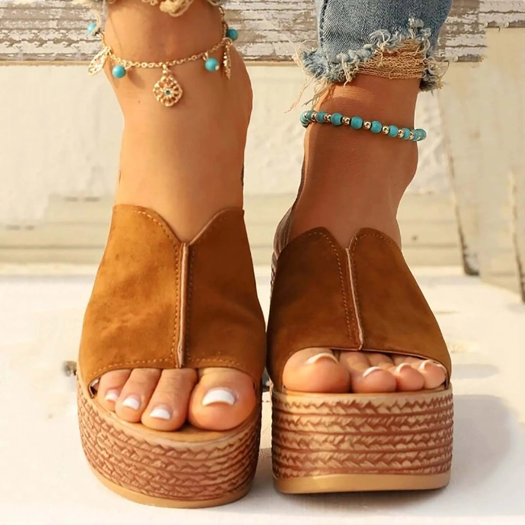 Brown Sandals - Thick Heels Vacation Wedge Heels Shoes