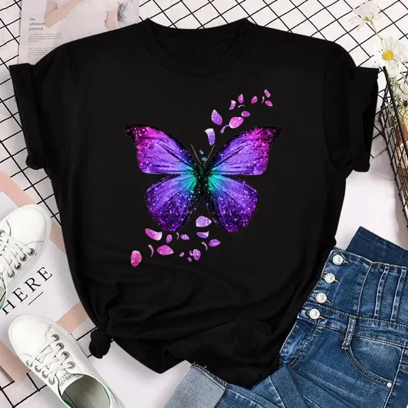 Women's Colorful Butterfly Petal Print T-Shirt, Short Sleeve