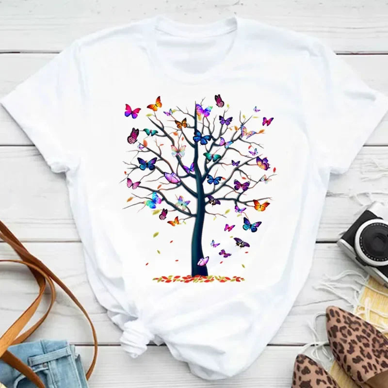 Women's Colorful Butterfly Petal Print T-Shirt, Short Sleeve