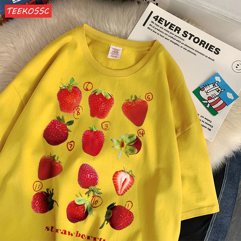 100% Cotton Women T-shirt Cute Fresh Strawberries Printed Tee Shirt