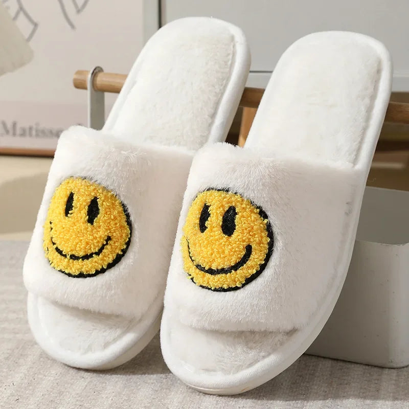 Happy Face Slippers - Fuzzy Smiling Cute Home Shoes