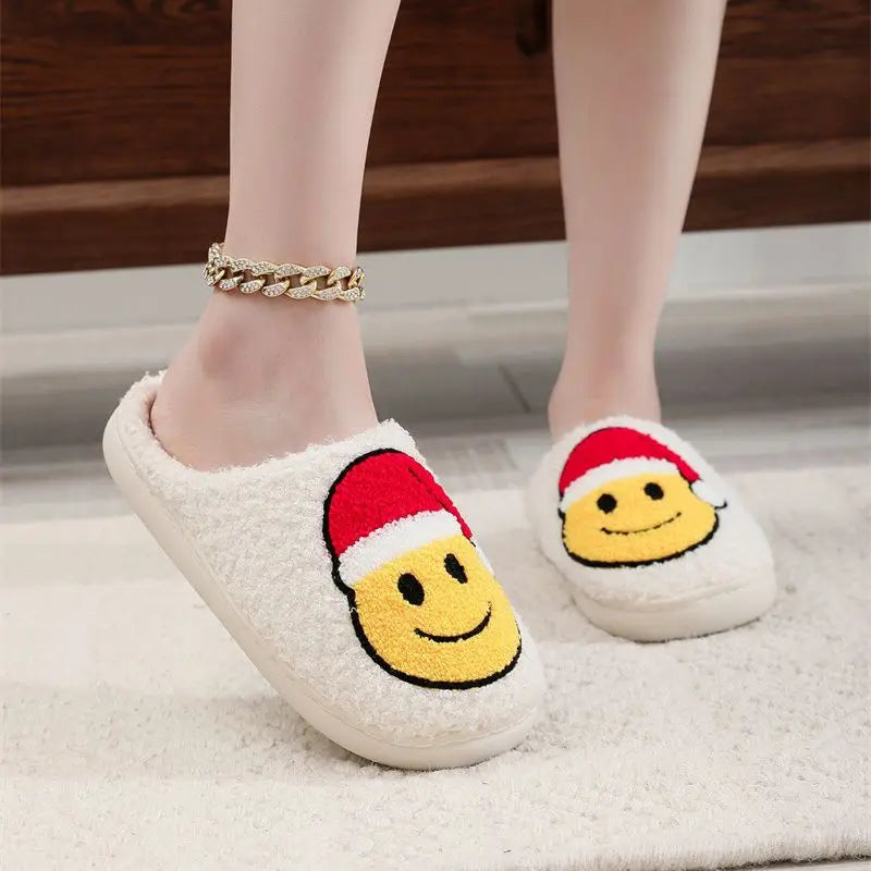 Smiling Face Christmas Hat Tree Cotton Slippers