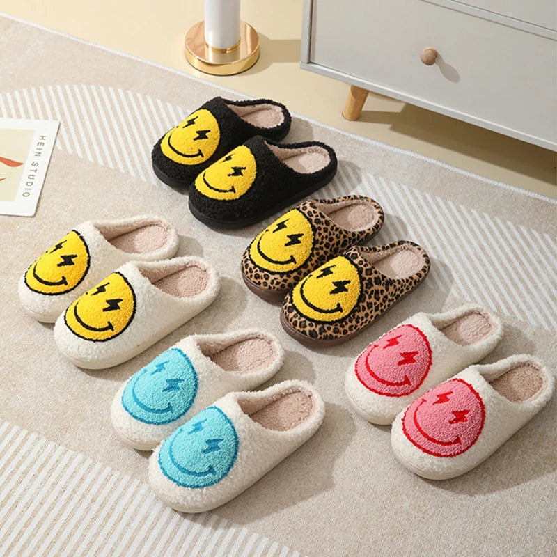 Smiley Face Slippers - Leopard Print Home Plush Slides