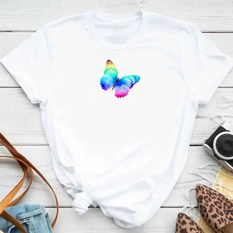 Women's Colorful Butterfly Petal Print T-Shirt, Short Sleeve