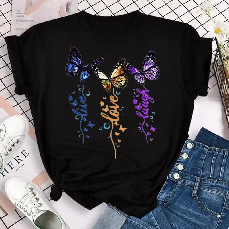 Women's Colorful Butterfly Petal Print T-Shirt, Short Sleeve