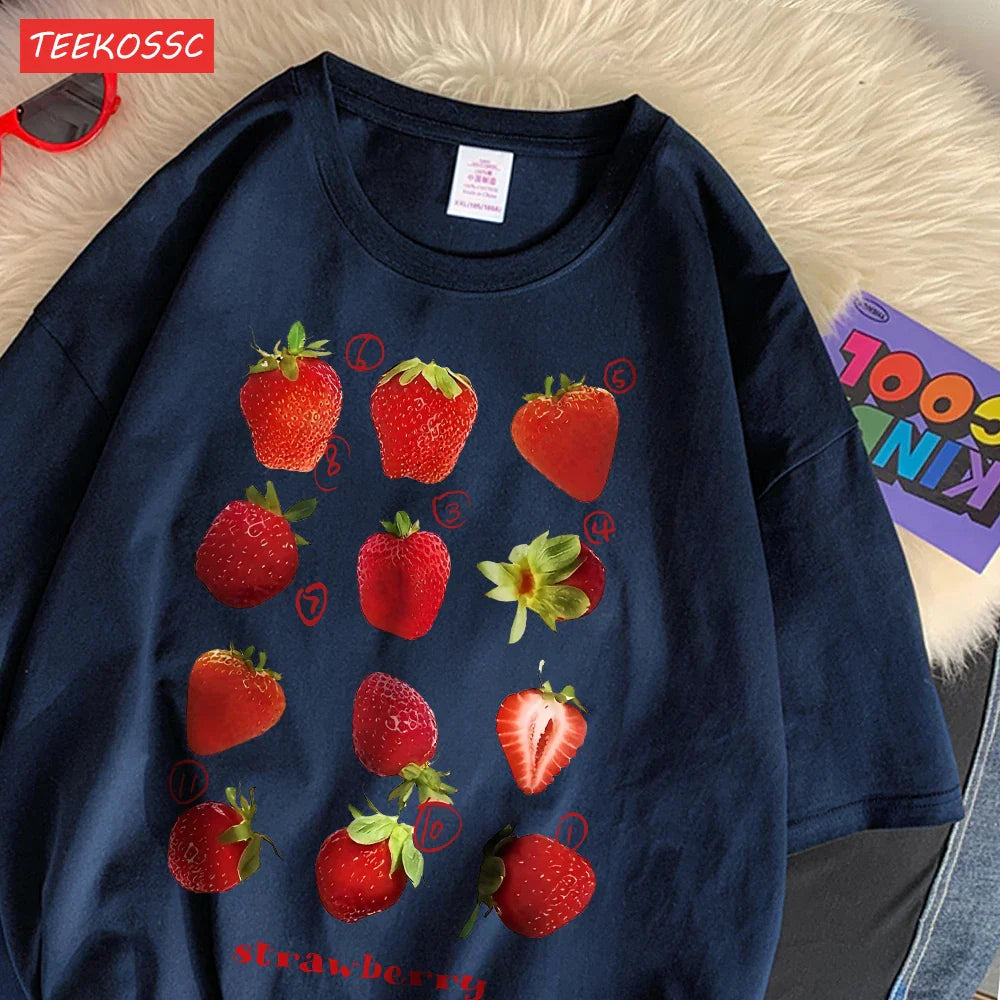 100% Cotton Women T-shirt Cute Fresh Strawberries Printed Tee Shirt