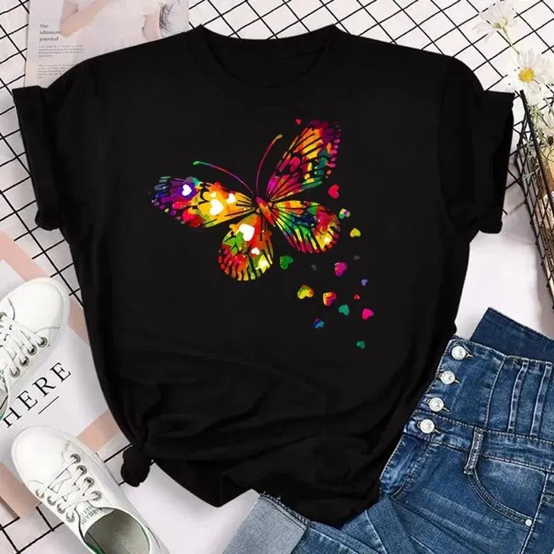 Colorful Butterfly Petal Print Short Sleeve Cute Graphic Tee Shirts