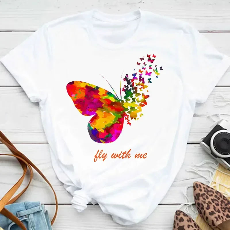 Women's Colorful Butterfly Petal Print T-Shirt, Short Sleeve