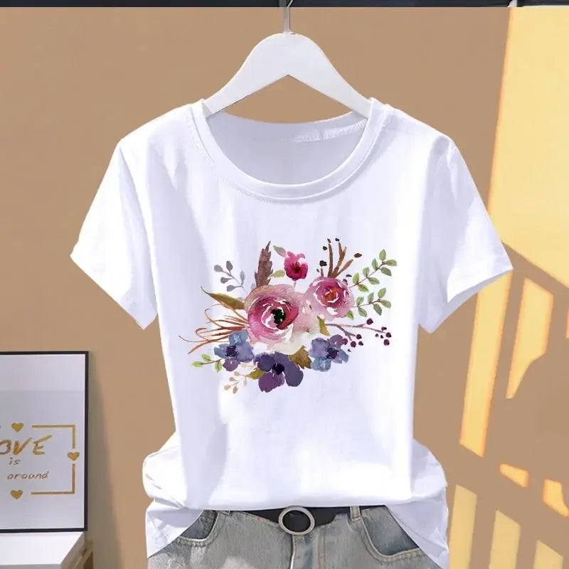 Women Print Floral Sports Explosive Short Sleeve T-shirt